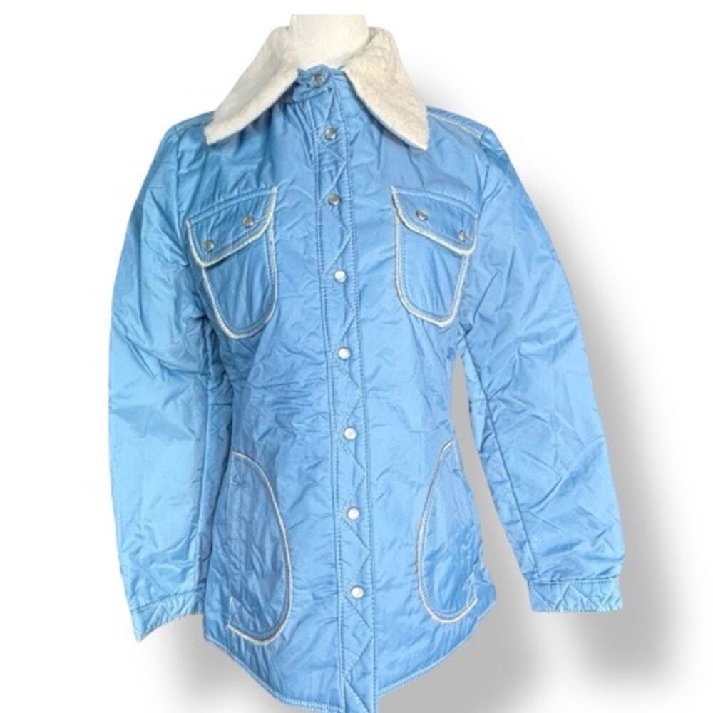Vintage White Stag Blue Puffer Coat Sherpa Collar Winter Jacket Rustic Ski Lodge
